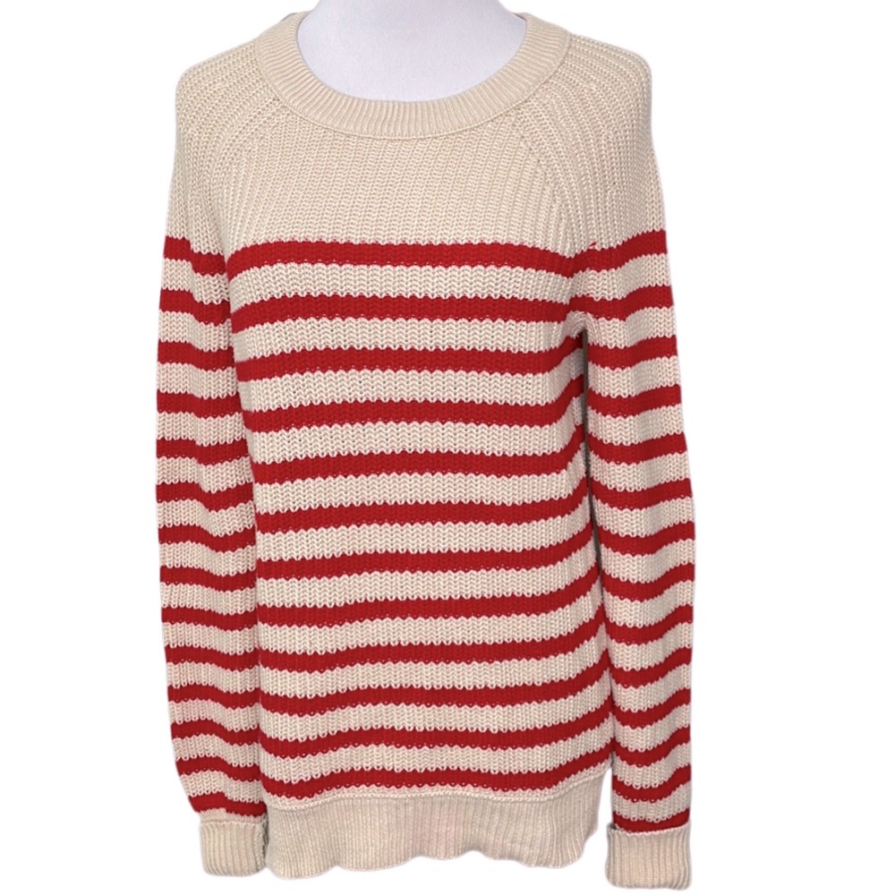 J. Crew Factory Red and Tan Stripe Long Sleeve Knit Sweater